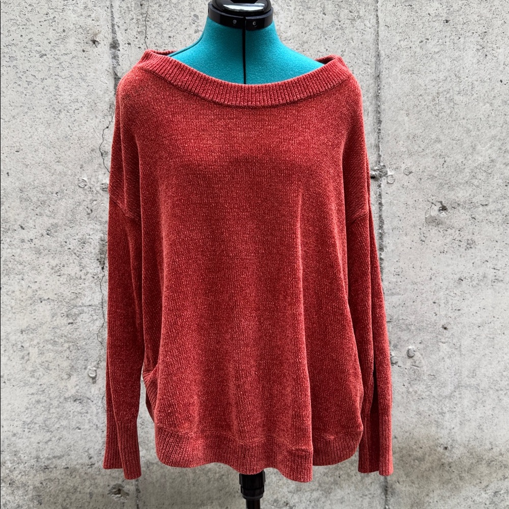 Lou & Grey | Oversized Red-Orange Chenille Boat-neck Sweater | Size S